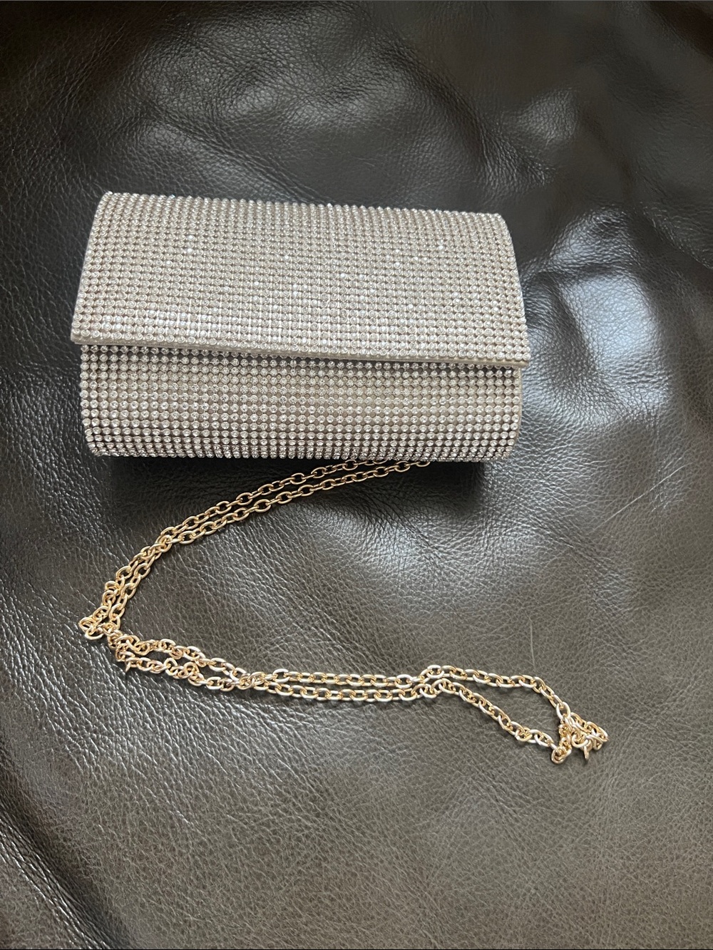 Silver Crystal Embellished Evening Clutch with Gold Chain